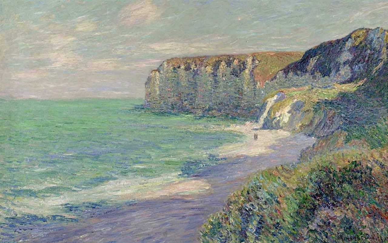 Oil painted picture showing cliffs over a sandy beach