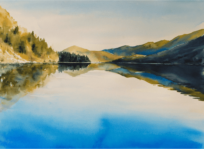Watercolor picture of am Autumn view of the Bohinj Lake (Bohinjsko jezero), Slovenia.